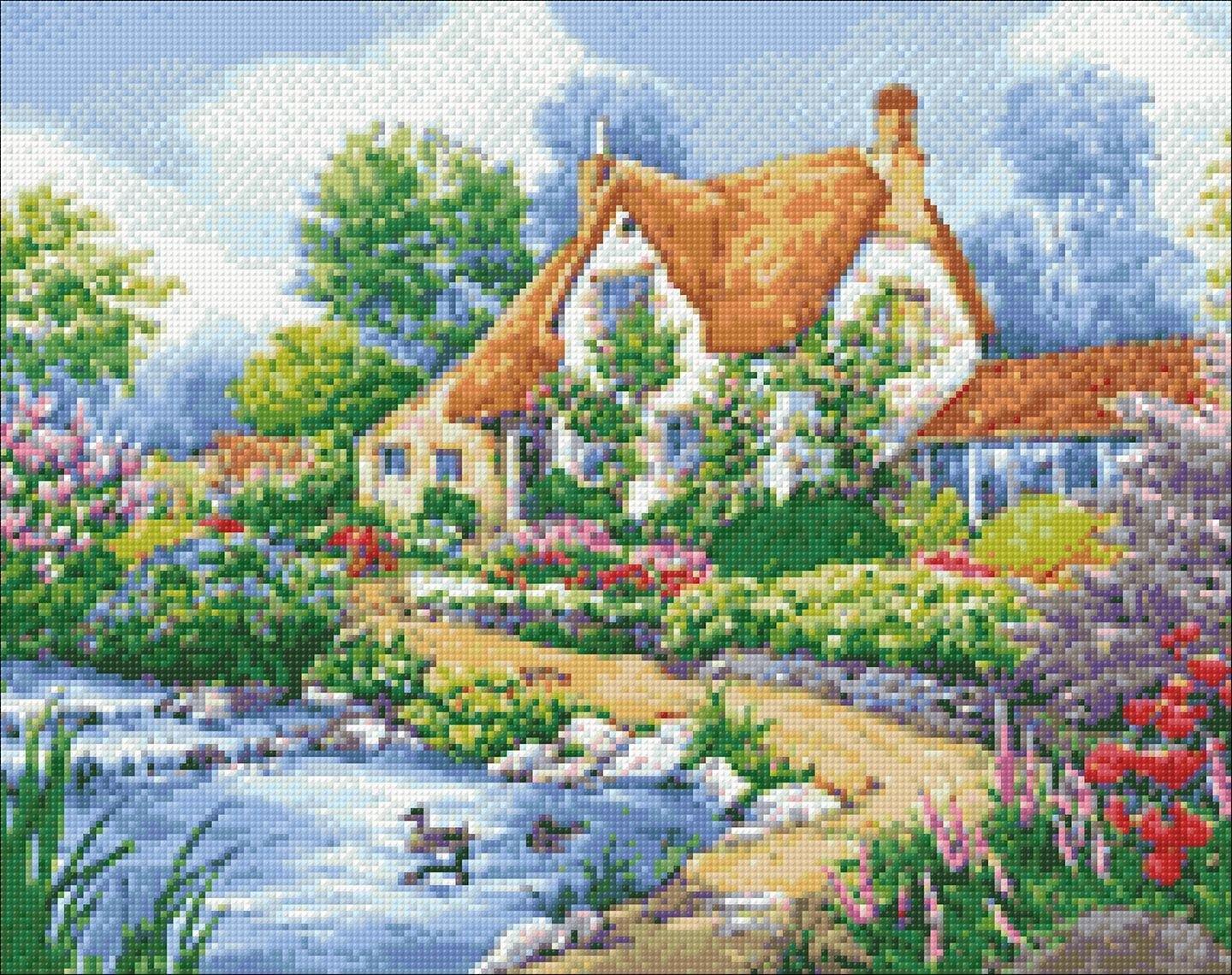 Duck Pond Cottage Wizardi Diamond Painting kit with colorful square acrylic diamonds and self-adhesive canvas.